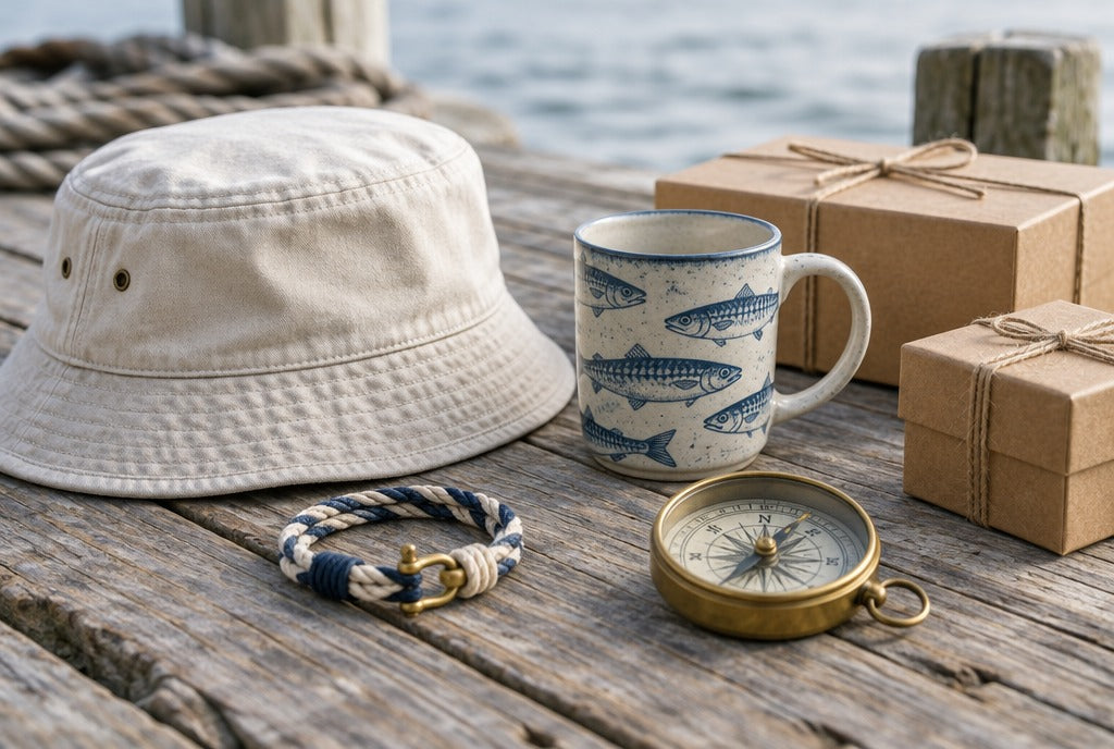 A selection of nautical gifts on a weathered dock: a canvas bucket hat, a rope bracelet, a brass compass, a fish ceramic mug and kraft gift boxes