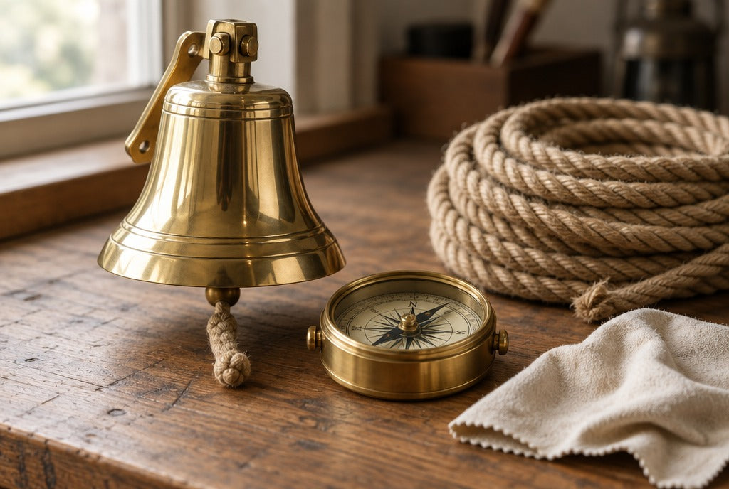 A brass ship bell, a brass compass and a coil of natural rope on a workbench beside a soft polishing cloth, warm light