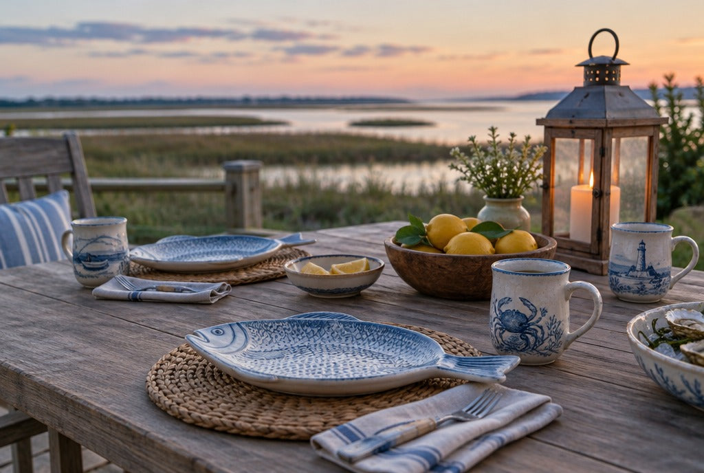 An outdoor table set for a coastal seafood gathering with fish-shaped ceramic plates, lemons, coastal mugs, a lantern and a marsh view at dusk