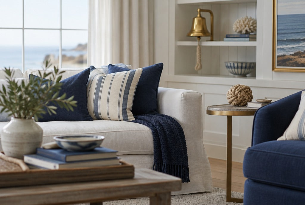 A tasteful coastal living room with a navy and white palette, a brass ship bell on a shelf, a rope knot on a side table and soft natural light