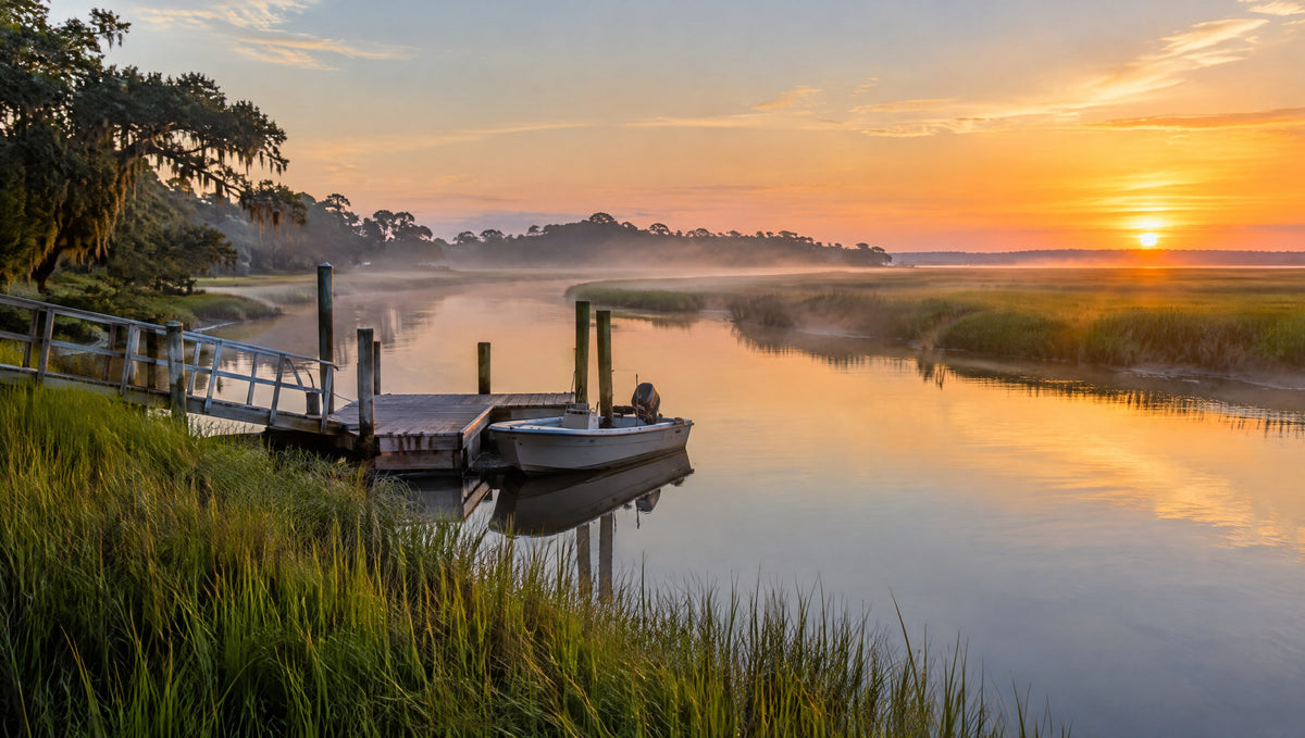 Lowcountry tidal creek at sunrise with a small dock