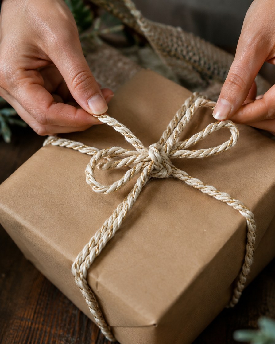 Rope knot tied over a kraft gift box